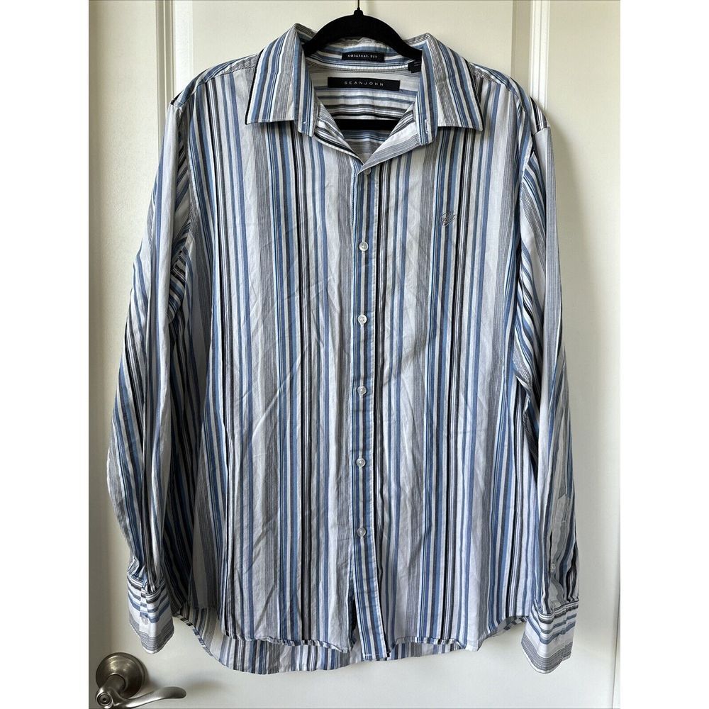 Sean John Shirt Mens Large Blue White Stripe Long Sleeve Button Up Original Fit